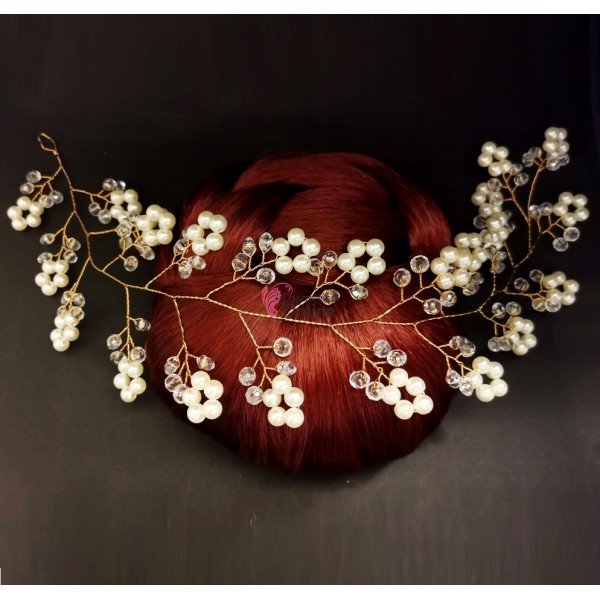 Accesoriu modern pentru decor par WED26 Auriu cu cristale si perle de 35cm
